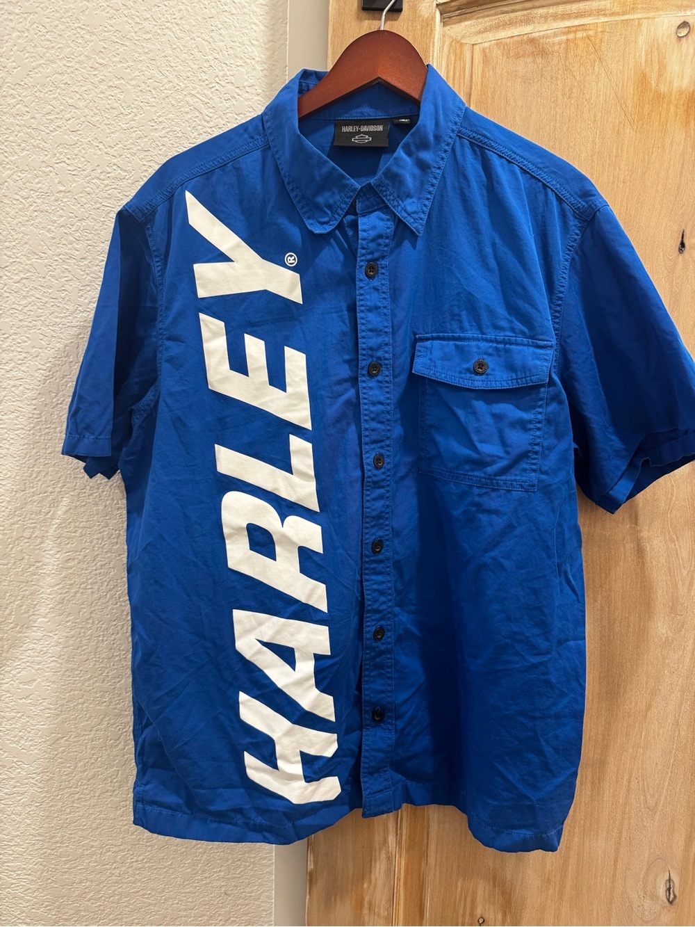 Harley-Davidson Men’s Mechanic Blue Short Sleeve Logo Button-Up Shirt Size L